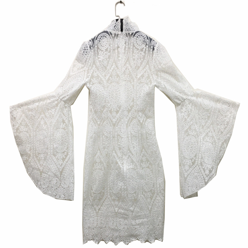 White Lace Sheer Wide Sleeve Bodycon Dress