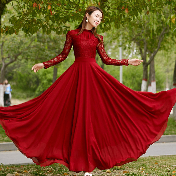Charming Long Lace Sleeves Pleated Chiffon Long Red Maxi Dress - May Your Fashion - 1