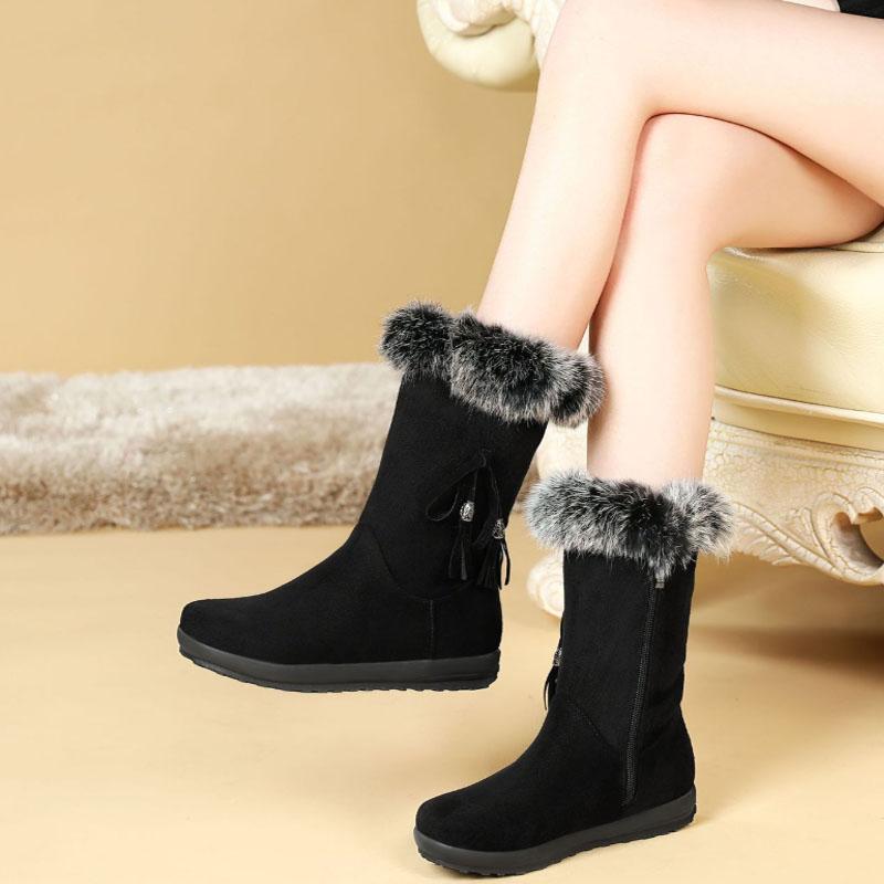 Winter Fur Flat Suede Mid Calf Boots