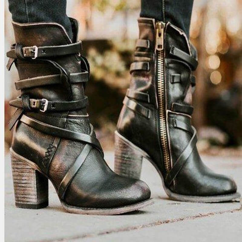 Leather Belt High Chunky Heel Calf Boots