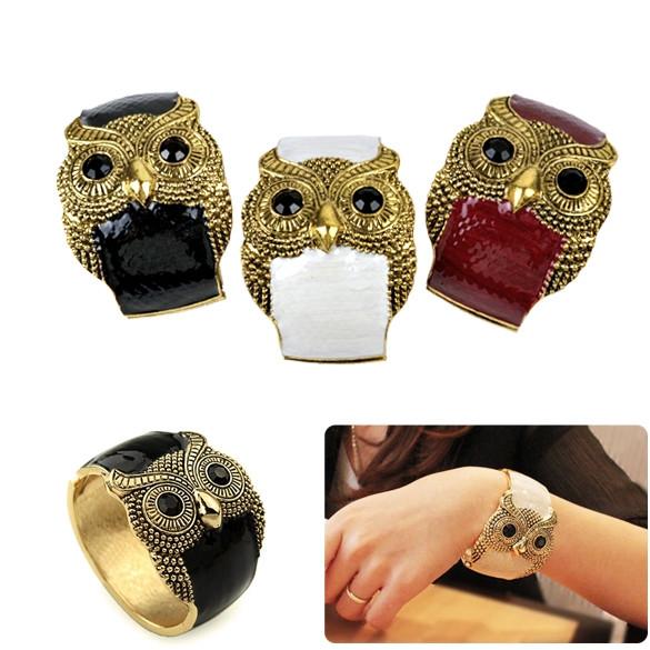 Women's Antique Punk Gold Tone Night Owl Pattern Enamel Bracelet