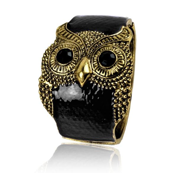 Women's Antique Punk Gold Tone Night Owl Pattern Enamel Bracelet