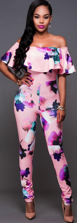 Plus Size Floral Print Off Shoulder Falbala Long Jumpsuit