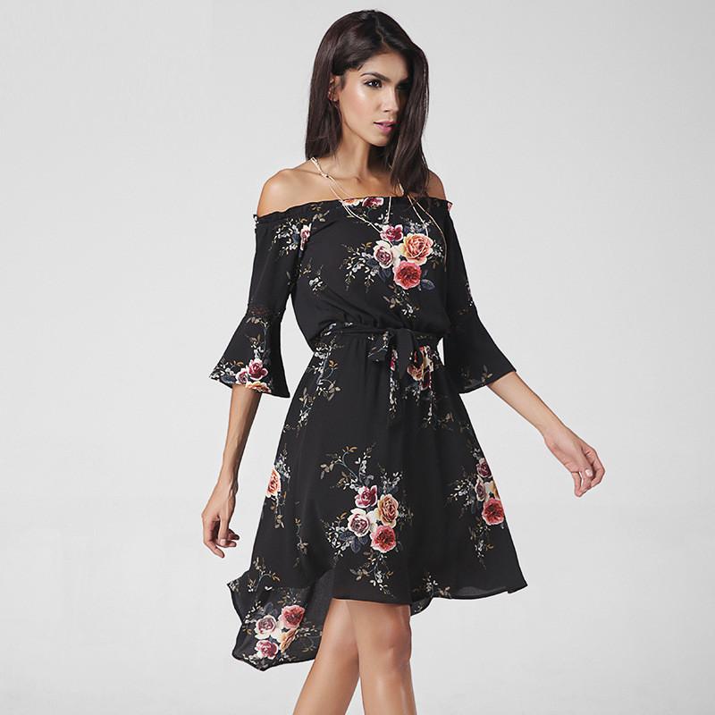 Off Shoulder Trumpet 3/4 Sleeves Irregular Flower Print Short Dress