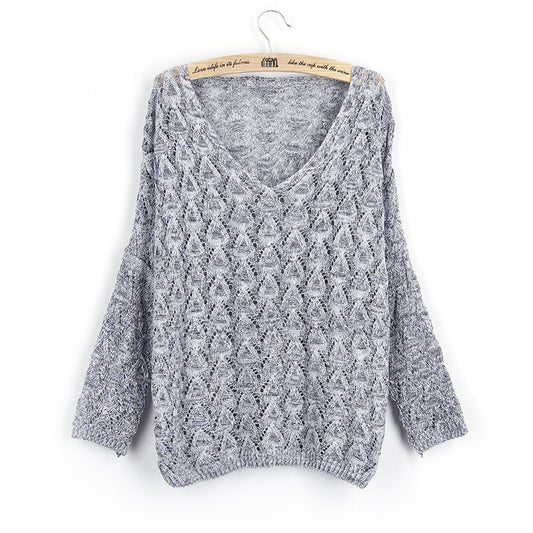 Long Bat-wing Sleeves V-neck Pure Color Loose Sweater
