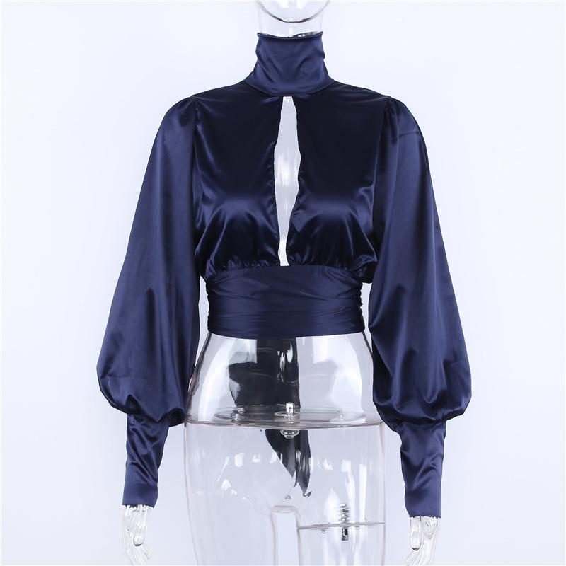 High Neck Cut Out Long Lantern Sleeves Backless Short Blouse