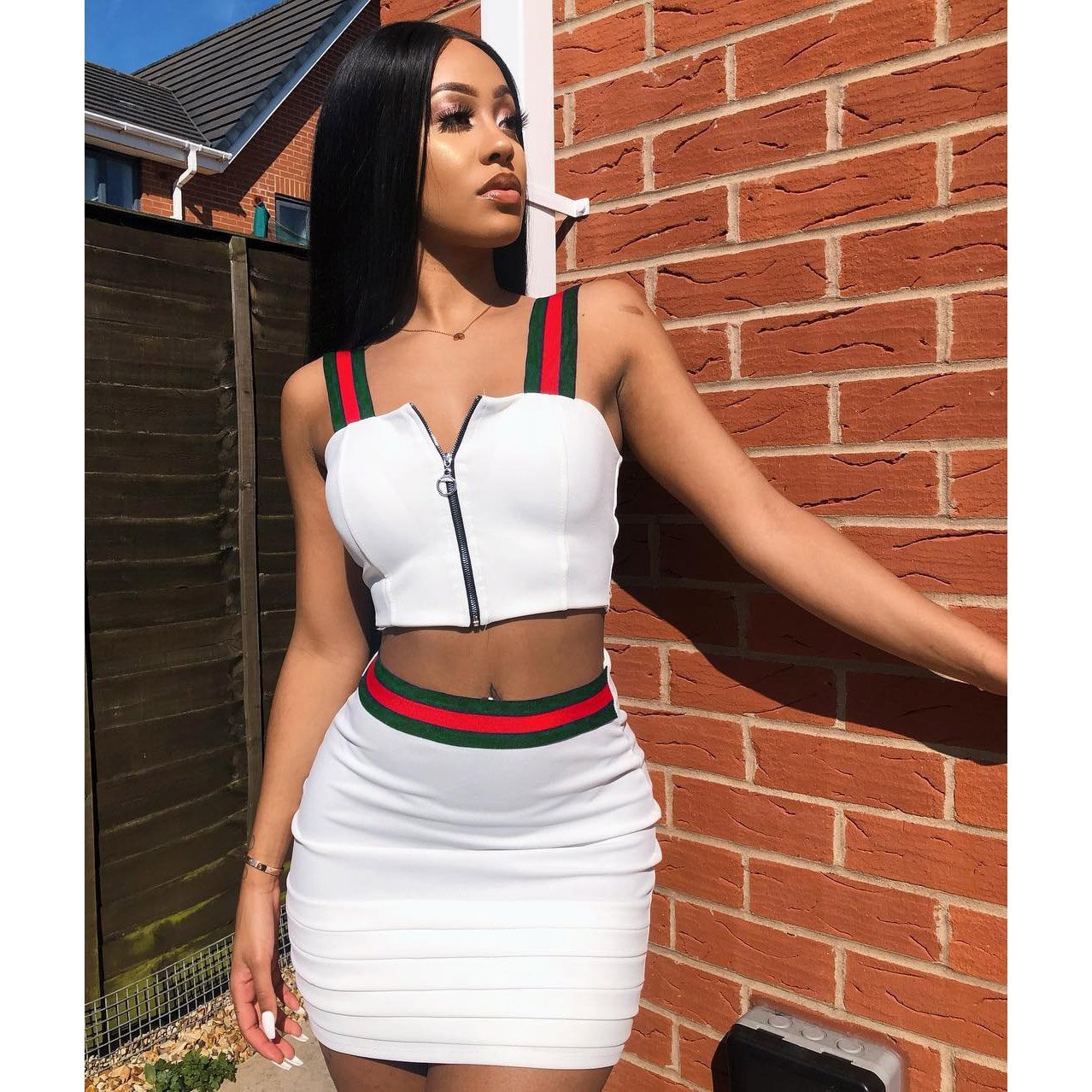 Straps Front Zipper Crop Top with High Waist Bodycon Short Skirt Two Pieces Dress Set Outfits