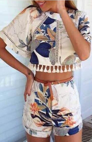Hollow Out Print Tassel Short Sleeves Crop Top and Shorts Suit - May Your Fashion - 1