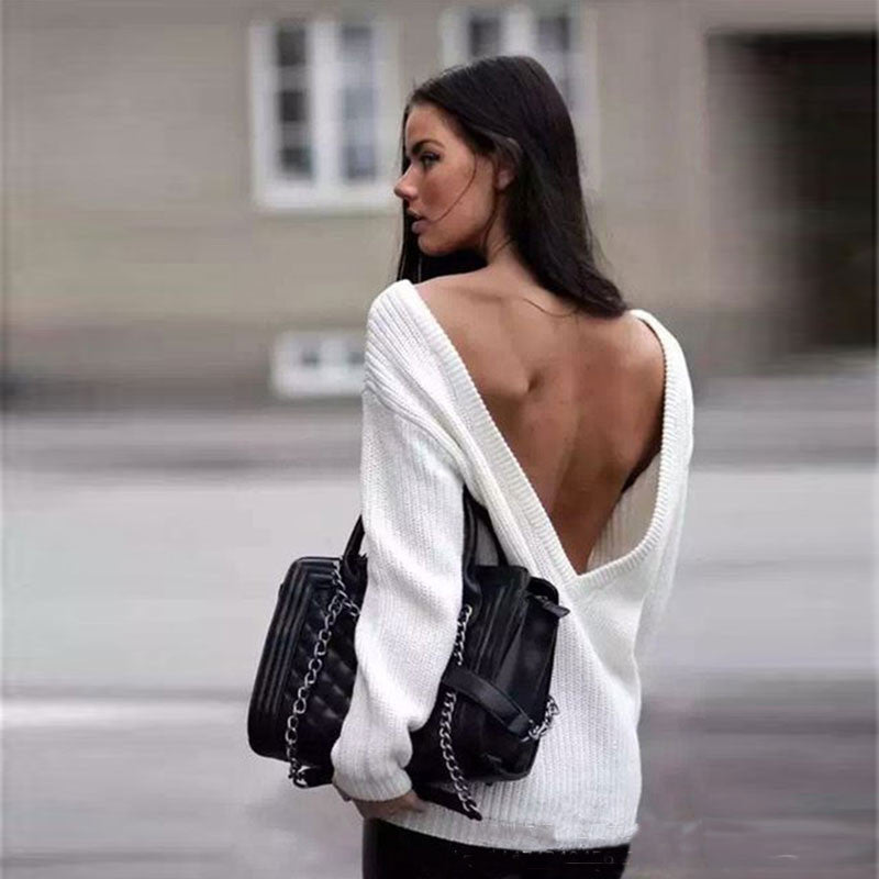 Sexy Loose Backless Deep V White Sweater