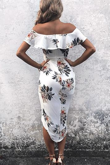 Floral Print Ruffle Off Shoulder Boat Neckline Irregular Short Dress