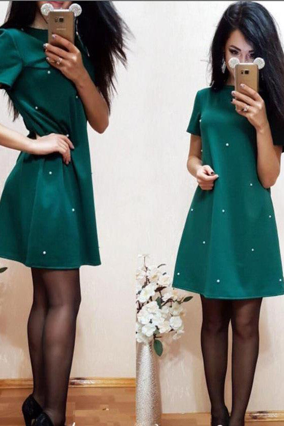 Pure Color Scoop Half Sleeves Short Lovely Dress