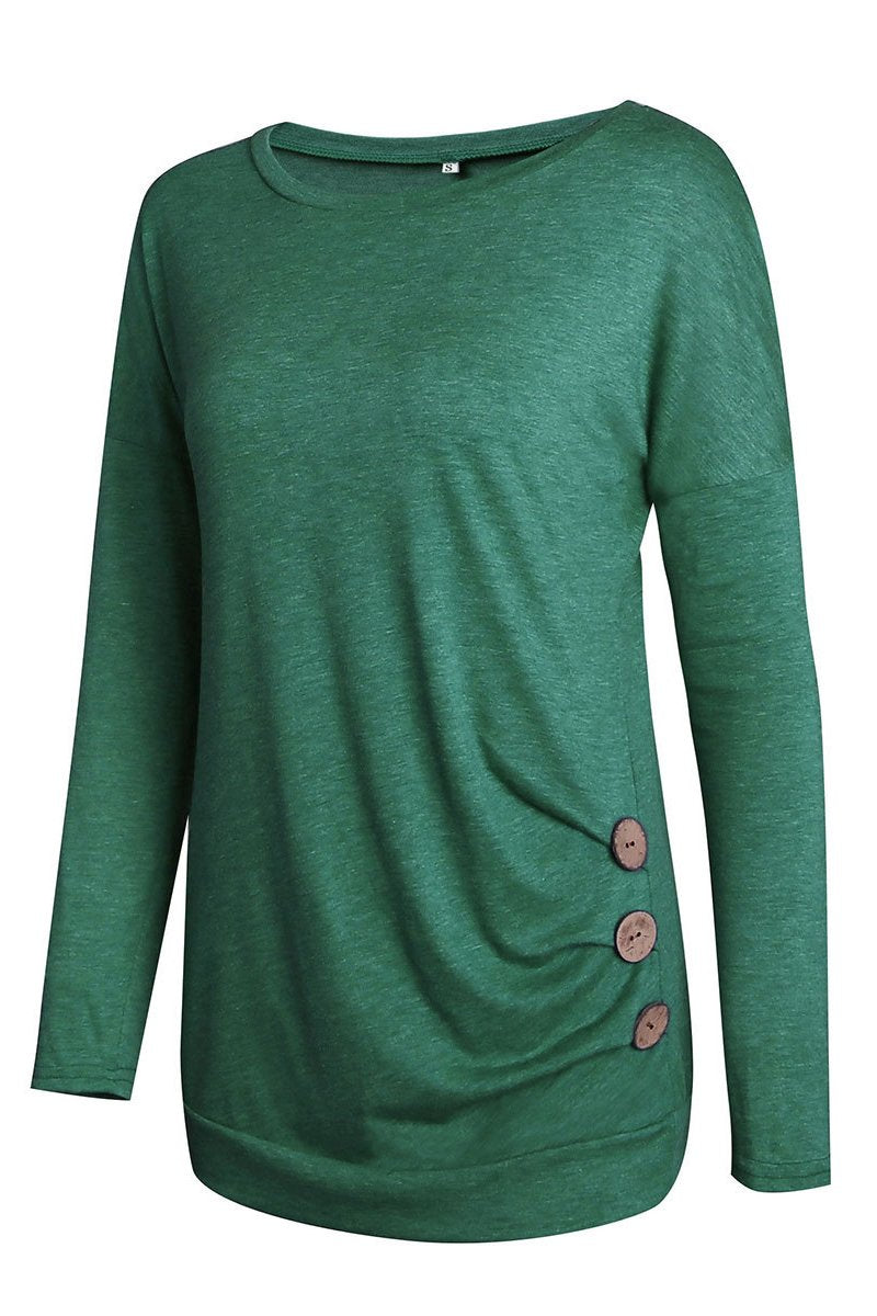 Candy Color Round Neck Long Sleeves Button T-shirt