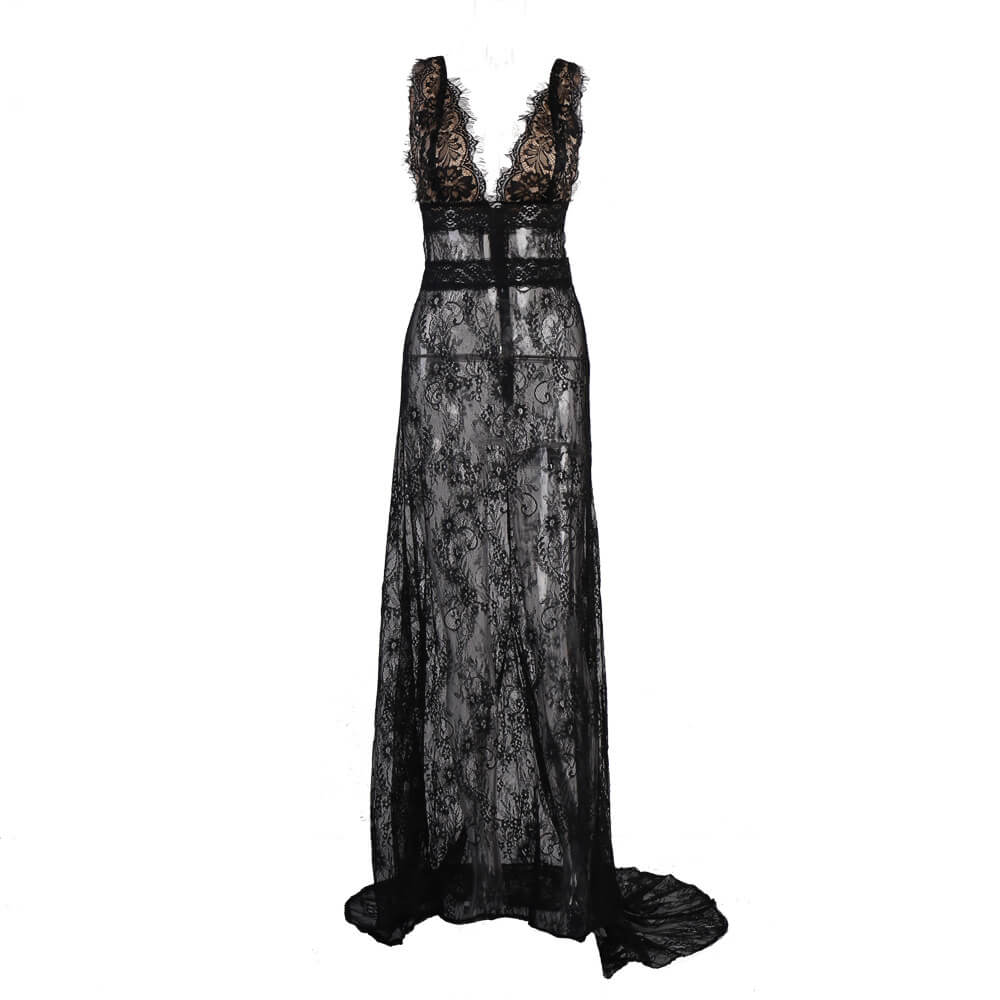 Black See Through Lace Backless Dress