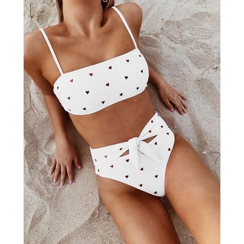 Cute Strappy Heart Print High Rise Triangle Bikinis