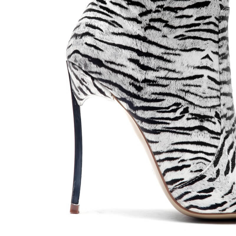 Tiger Print Pointed Toe Zipper High Heel Ankle Boots