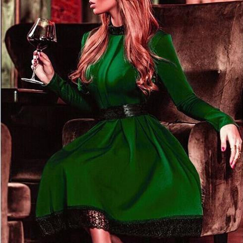 Scoop Long Sleeves Lace Patchwork Flared Pleated Knee-length Dress