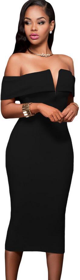 Off-Shoulder V-neck High Waist Slim Knee-length Dress