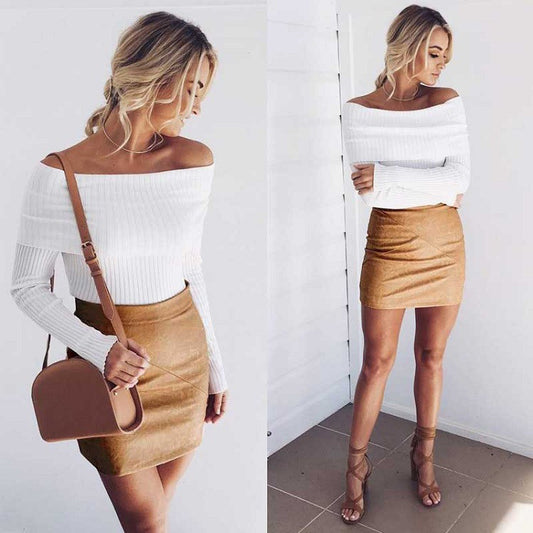 Long Sleeves Pure Color Off Shoulder Slim Sweater