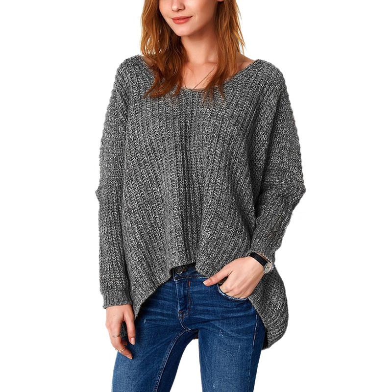 Long Sleeves Pure Color V-neck Irregular Loose Sweater