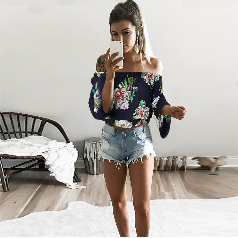 Strapless Print Short Sleeve Loose Blouse