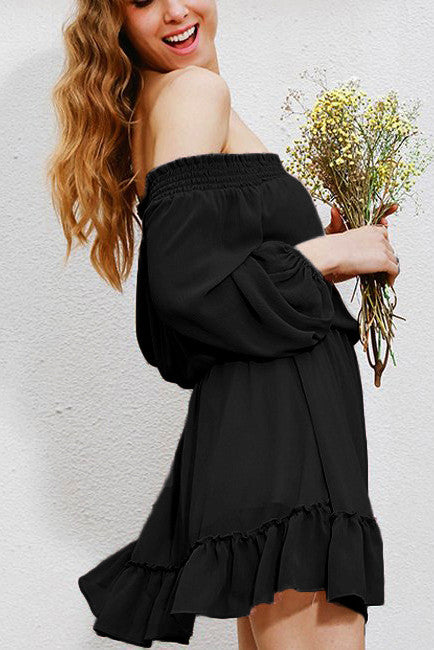 Off Shoulder Chiffon Straps Ruffles Long Sleeves Short Dress