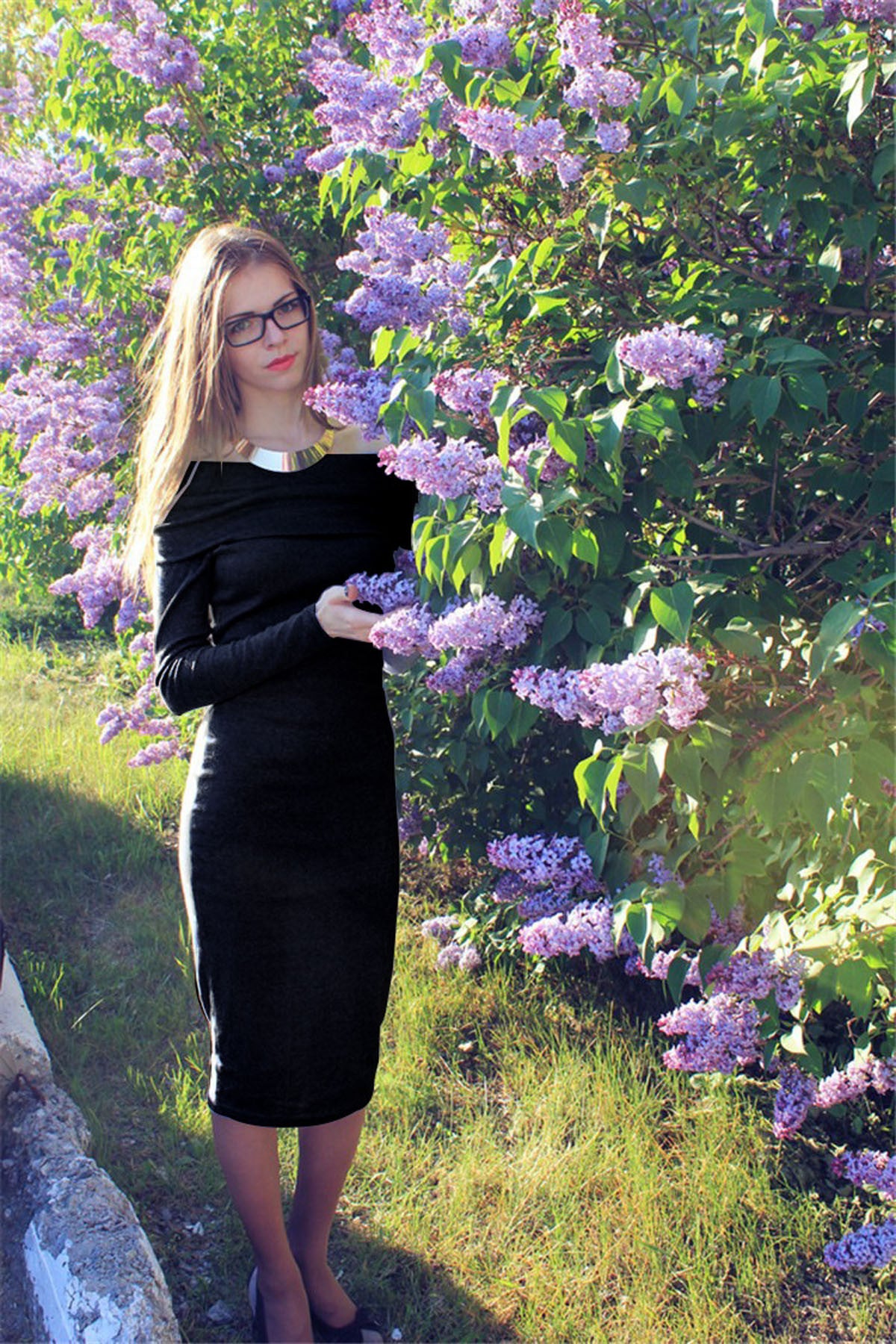 Off Shoulder Long Sleeves Pure Color Knee-length Dress