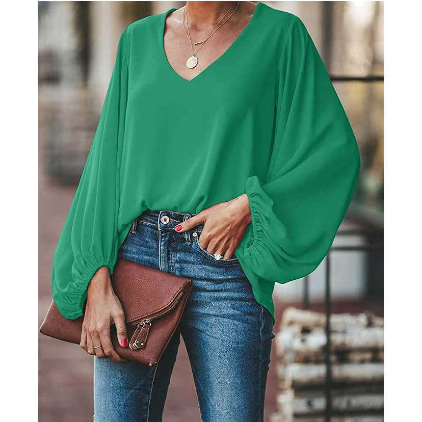 V-neck Loose Long Lantern Sleeves Blouse