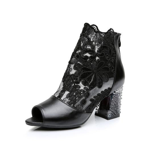Lace Patchwork Peep Toe Low Chunky Heels Short Boot Sandals