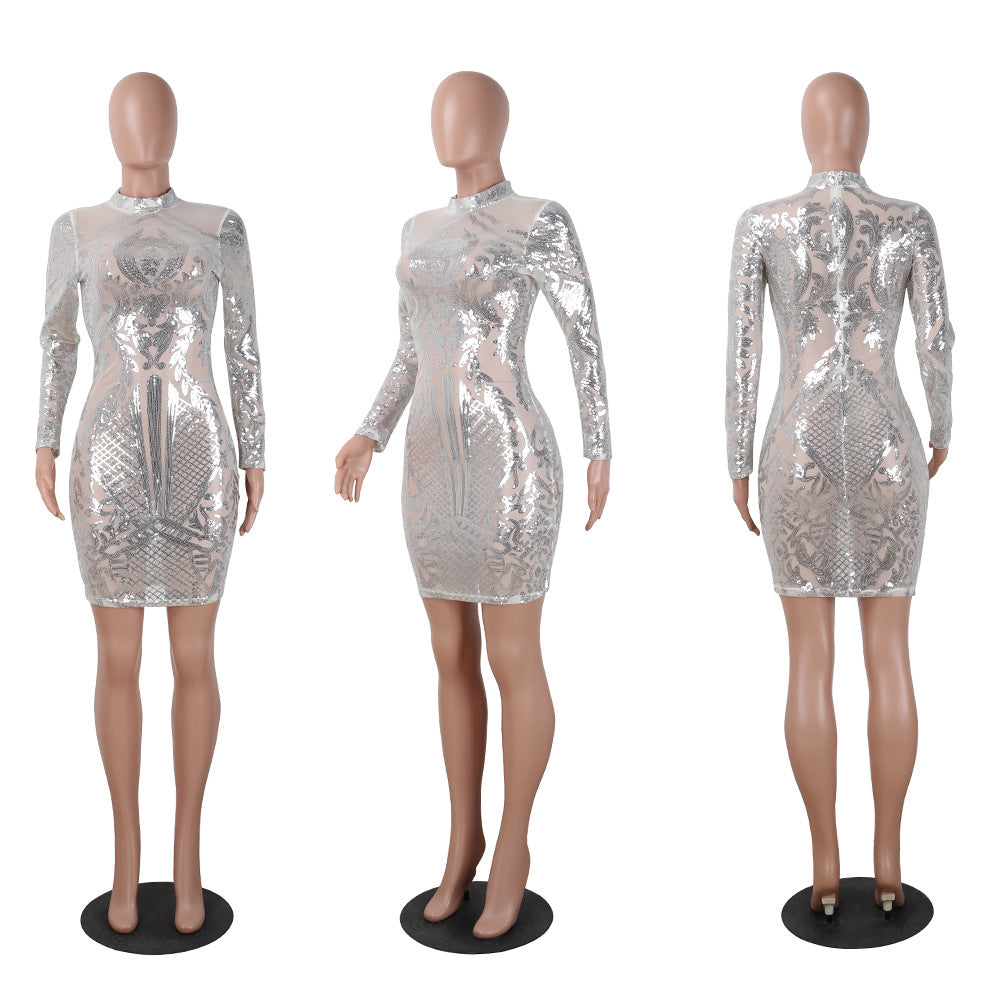 Sequins Transparent Sexy Long Sleeves Women Short Bodycon Dress