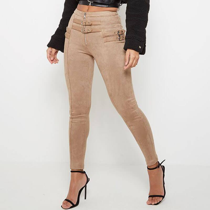 Sexy Buckle Suede Bodycon Skinny Ankle Length Pants