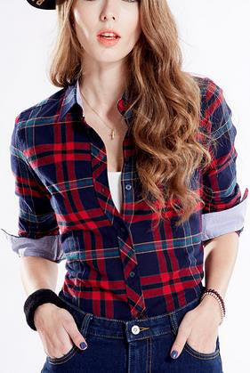 Slim Plaid Long Sleeves Turn-down Collar Shirt Blouse