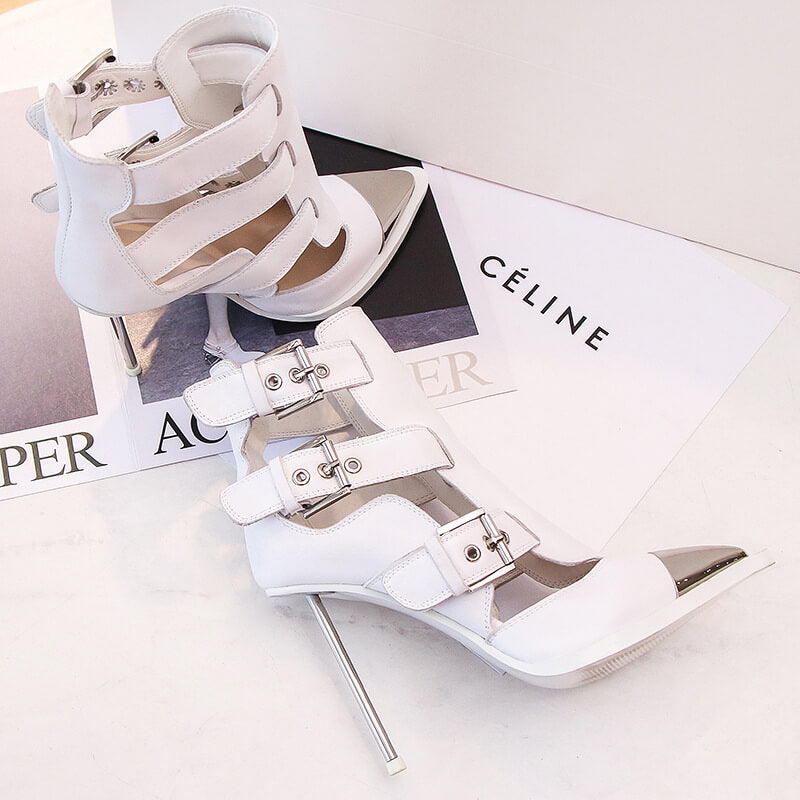 Leather Cutout Buckle Point Toe High Heel Sandals