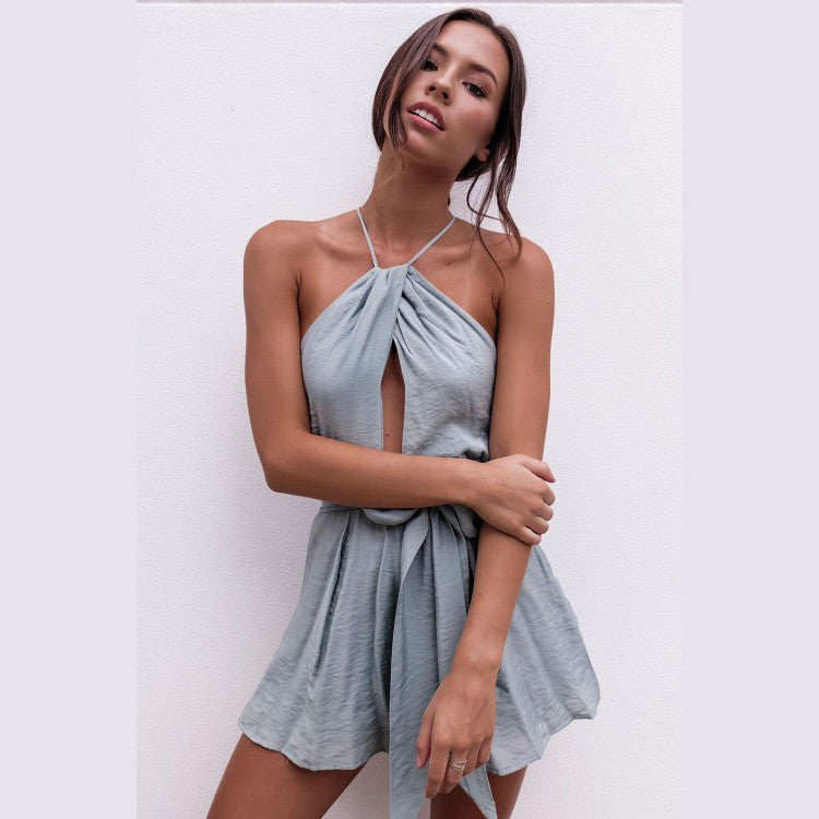 Pure Color Bear Shoulder Backless Cut Out Short Jumpsuit