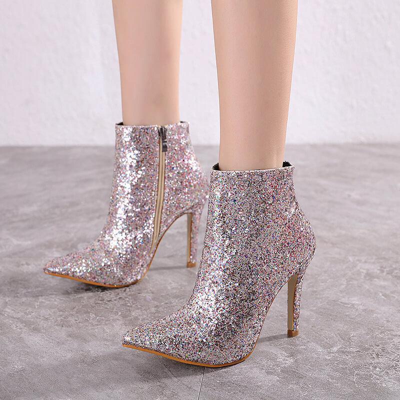 Sexy Sequin Pointed Toe High Heel Ankle Boots