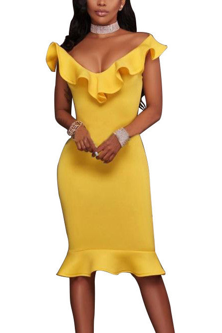 Ruffles V-neck Bodycon Candy Color Knee-length Party Dress