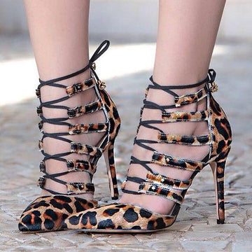 Leopard Pointed Toe Straps Hollow Out Lace Up Stiletto High Heels