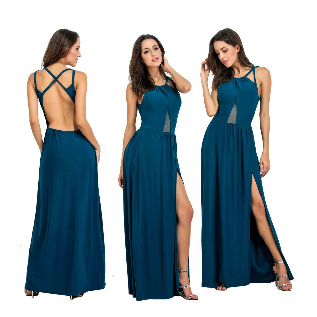 Pure Color Scoop Split Backless Long Party Dress