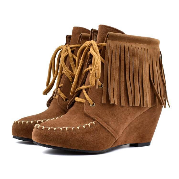 Wedge Lace Up Fringe Suede Ankle Boots