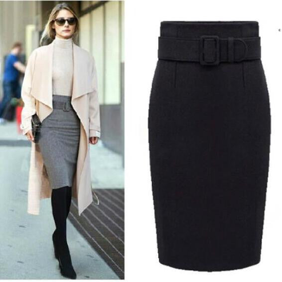 Fashion Belt Buckle Pure Color Cotton Pencil Skirt
