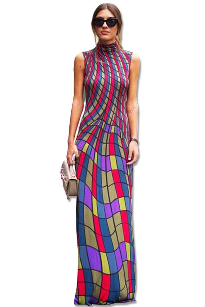 High Neck Stripe Print Colorful Long Dress
