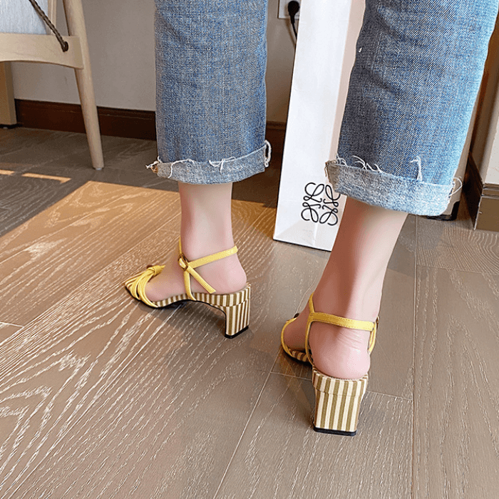Casual Yellow Square Toe Stripes Low Heel Sandals