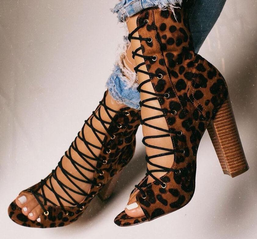 Leopard Strap Suede Chunky Heel Sandals