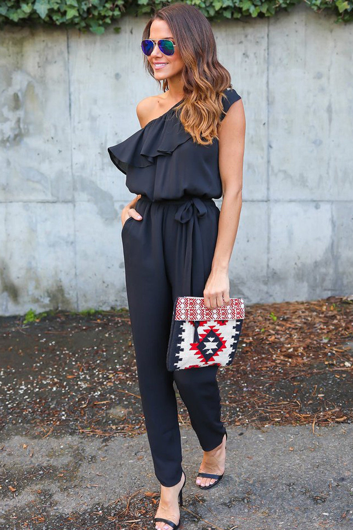 One Shoulder Pure Color Chiffon Long Jumpsuit