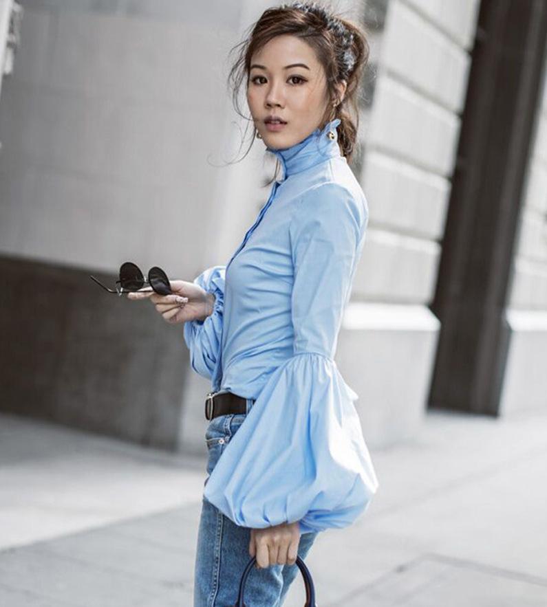 High Stand Collar Pure Color Long Lantern Sleeves Slim Blouse