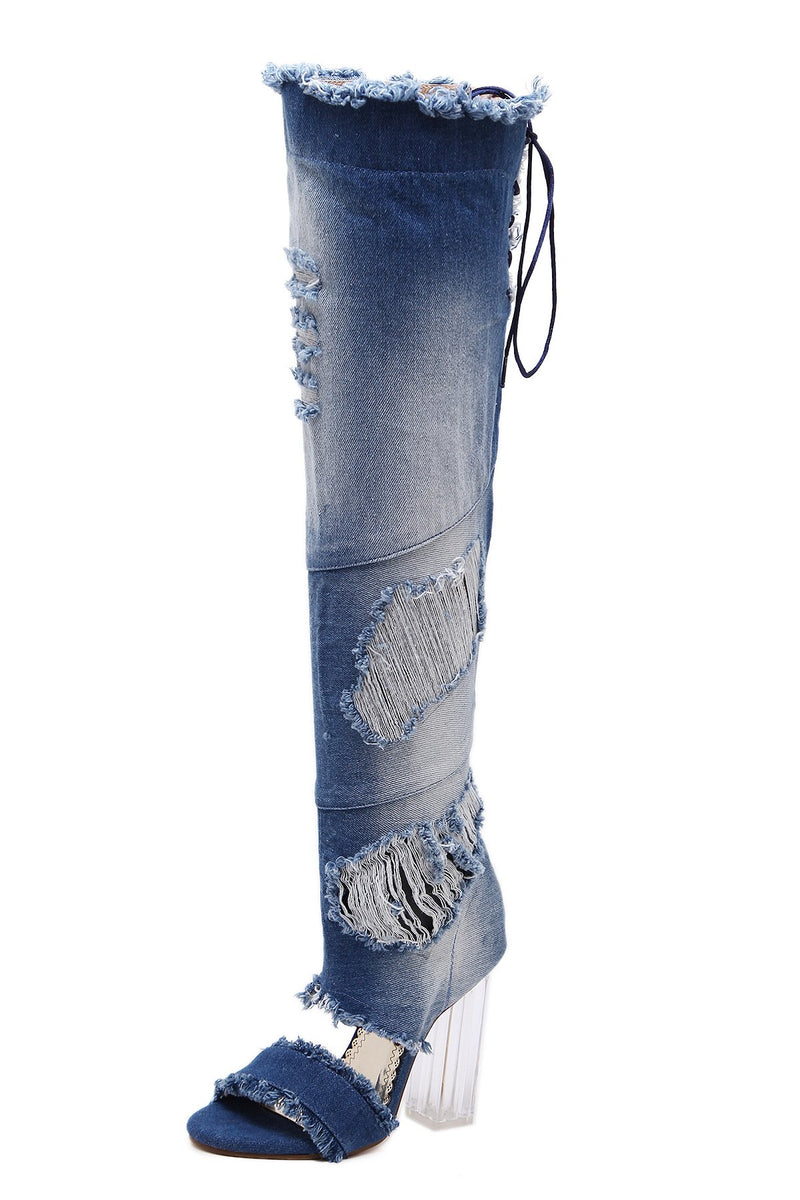 Thick Heel Worn Denim Tassel High-Heeled Sandals