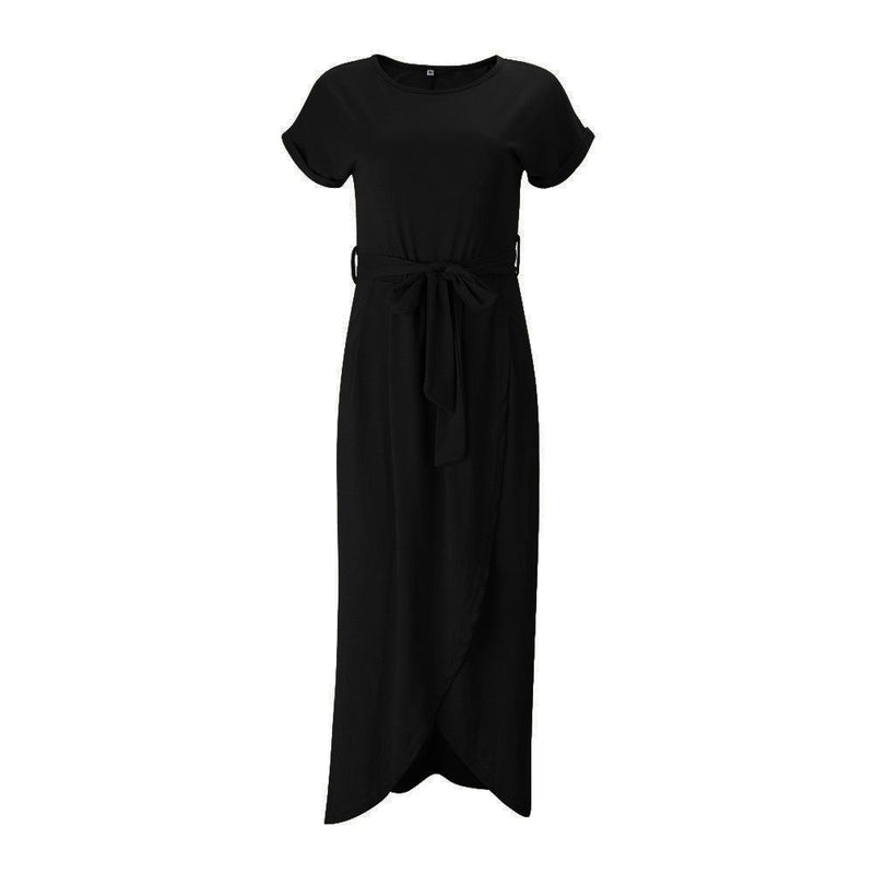 Pure Color Irregular Straps Belt Long Dress