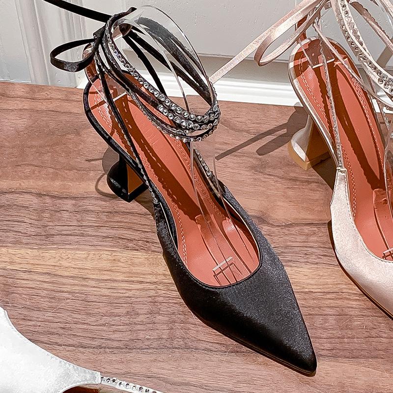 Pointed Ankle Trip Band Satin Wine Cup Heel Sandals