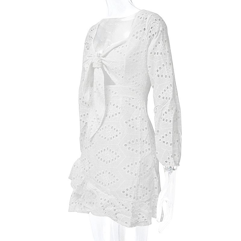 White Hollow Embroidered Slim Dress