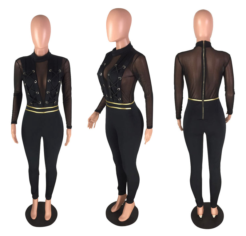 Transparent Lace Long Sleeves High Waist Long Jumpsuits