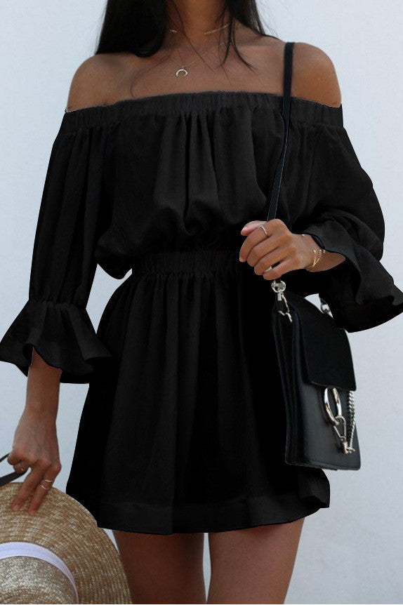 Off Shoulder Trumpet Half Sleeves Pure Color Short Dress